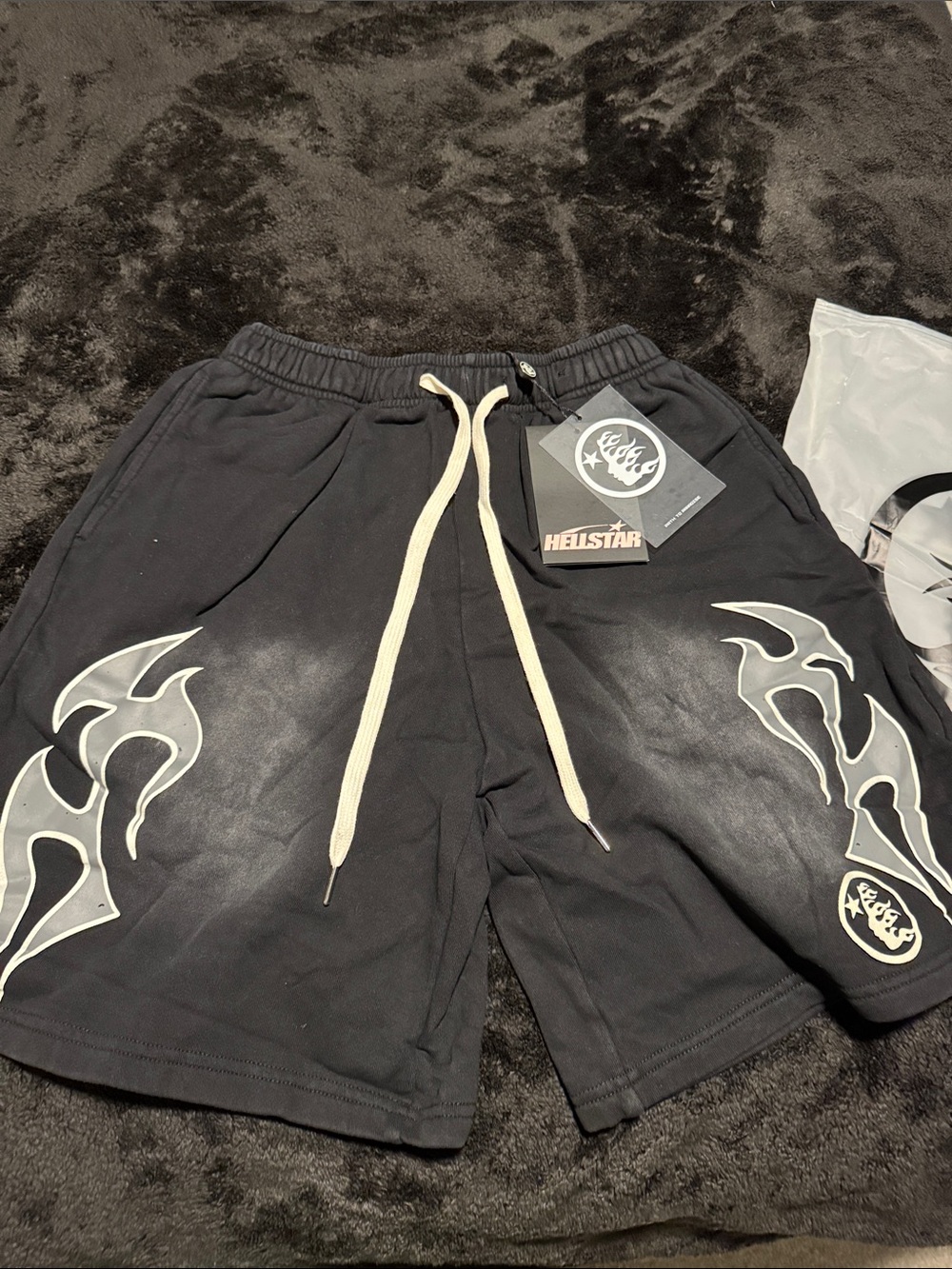 Hellstar Black Cargo-Style Men’s Shorts with White Flame Print